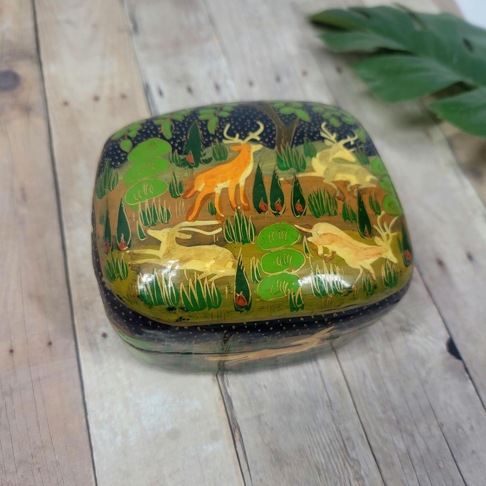 Vintage Kashmiri Paper Mache Trinket Box Hand Painted Deer Laquered Tea Box